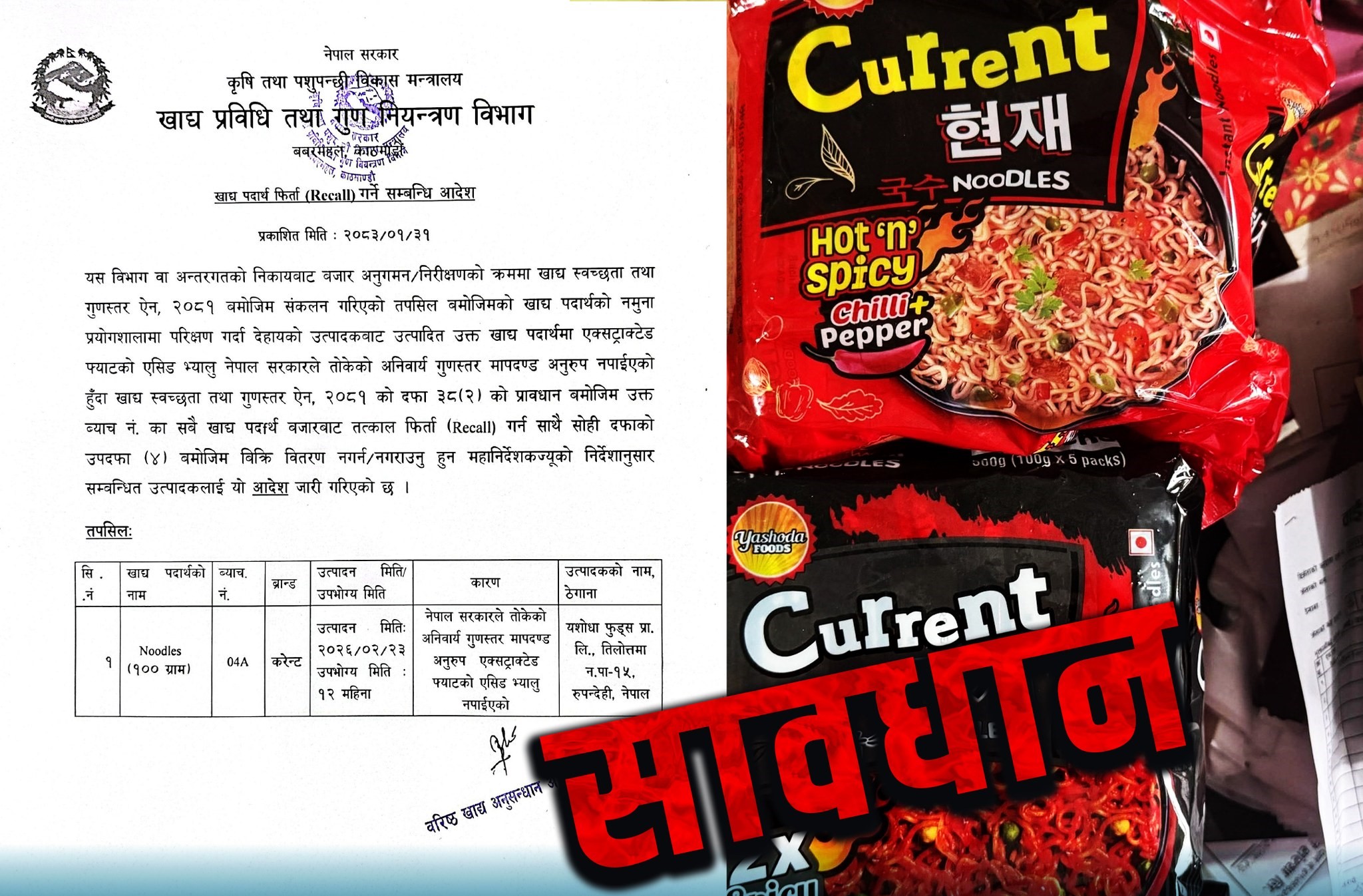 गुणस्तर परीक्षणमा असफल भएपछि करेन्ट चाउचाउ बजारबाट फिर्ता : Icon Khabar